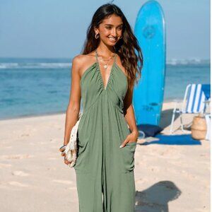 Cupshe Blush Plunging Halter Neck Pocket Jumpsuit